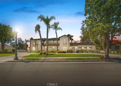 Large house nestled among palm trees and well-maintained lawn.